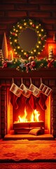 A warm, glowing fireplace with stockings hung for Santa's visit,  cheer,  holiday