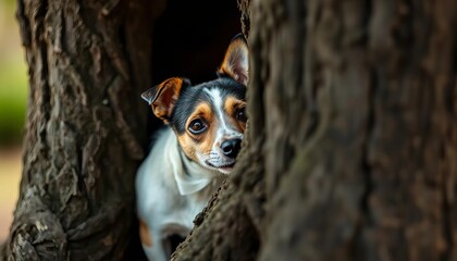 A small terrier mix peeks out from behind a large oak tree trunk, curious expression,  curious, dog