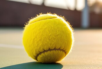 A fuzzy yellow tennis ball resting on a surface, ready for a game,  fitness,  active