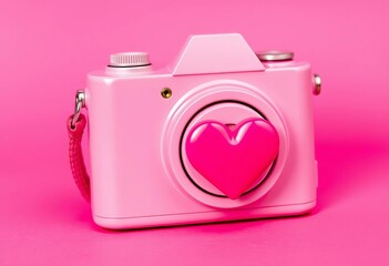 Adorable smiling pink camera with heart detail on vibrant pink background, perfect for love themes,  creative,  playful