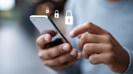 Faceless user logging in on smartphone with virtual cybersecurity icons visualization, representing data protection system, secure access protocols, privacy safeguards, password lo