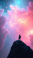 A small explorer stands at the edge of a candy-colored nebula, tiny in its vastness, cosmic journey,  adventure
