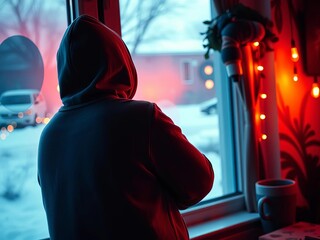 Cozy scene of a figure in a hoodie by a window, lost in lo-fi chillout music,  relax,  music