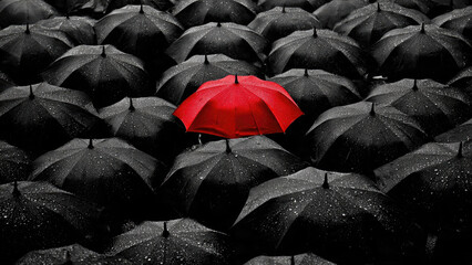 Red Umbrella in Black Umbrella Crowd
