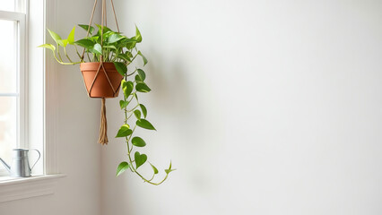 Hanging plant in terracotta pot by white wall with natural light  