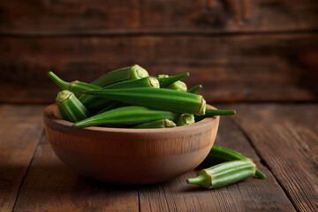 Okra in wooden bowl, 45 degree, on wooden background
