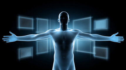 concept of burnout man glowing faintly in darkness surrounded by flickering tech screens