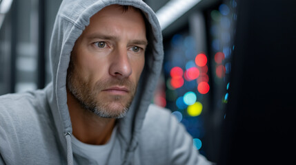 man in hoodie in basement server room frantically typing, red status lights everywhere