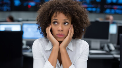 businesswoman in digital war room on call with multiple devices, anxious expression