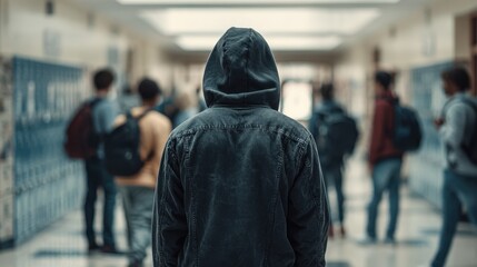 Student stands alone in school hallway while other students walk past during school hours in an educational setting
