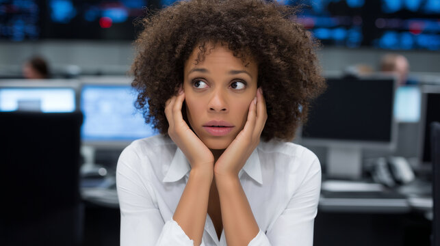 businesswoman in digital war room on call with multiple devices, anxious expression - Powered by Adobe