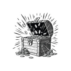 Ancient Treasure Chest bursting with Coins and Gold. © riiicil