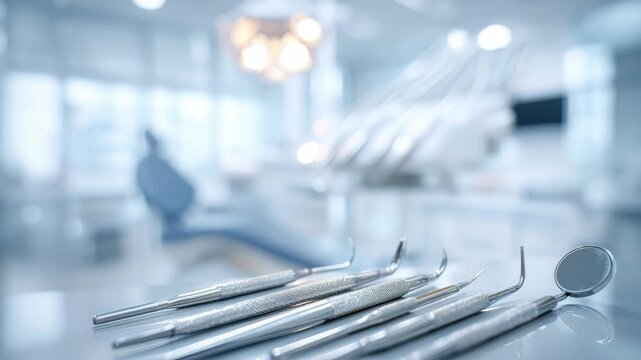 Modern dental practice. Blurred dentist office white blue interior with dentistry equipment tools on the foreground. Banner, space for text. Orthodontics. Alignment of Teeth. Dentofacial Orthopedics.