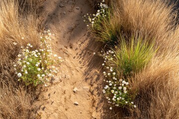 砂の道にある白い花と草