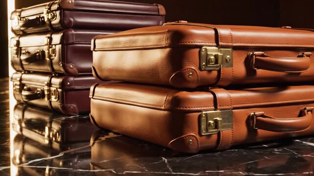 Stack of Polished Leather Briefcases with Brass Hardware, Exhibiting Classic Business Travel Elegance