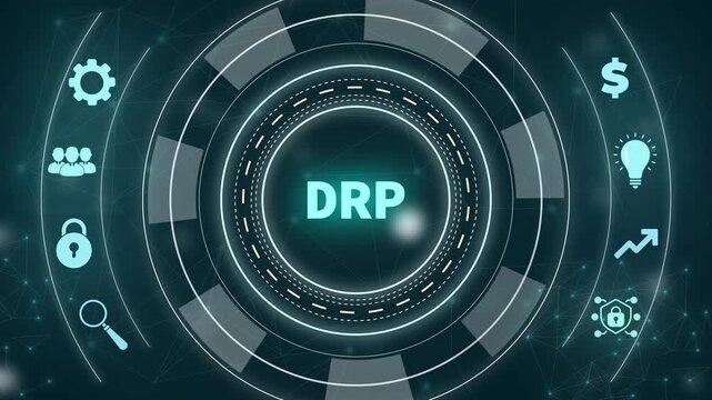 DRP Disaster Recovery Plan network diagram with icons and with gears background business continuity.