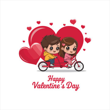 Happy Valentine&rsquo;s Day Cute Cartoon Kids Riding Bicycle with Heart Background