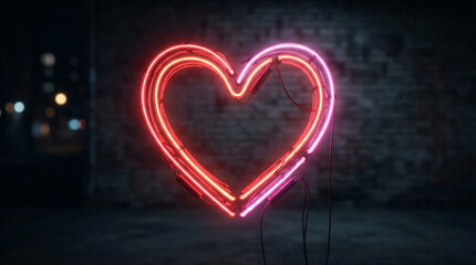 Vibrant neon heart sign glowing in red and pink against a dark brick wall background