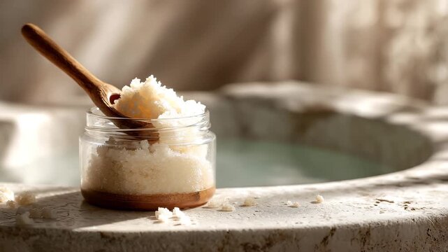 Ultra HD Natural sugar body scrub in a glass jar with a wooden spoon, spa and wellness concept, soft natural light video