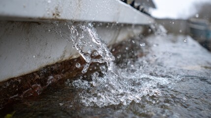 Water splashes from a drain during rain in a city street on a gray day