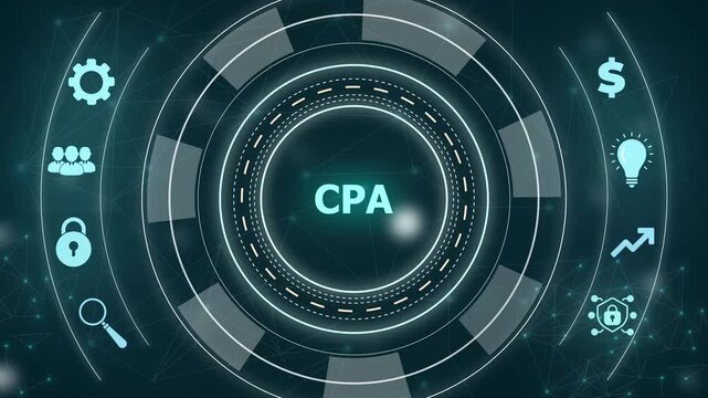 CPA concept with interconnected icons and with gears background Keywords: CPA, certified public accountant, finance, accounting, business, tax, audit