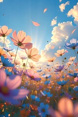 Vibrant Cosmos Flower Field at Golden Hour