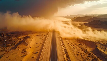 Dust storm engulfs a desert highway at sunset with dramatic skies.