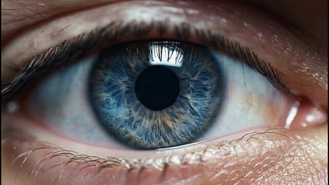 Extreme close-up of blue human eye iris, pupil slowly opening, detailed texture, cinematic lighting, calm mood, macro slow motion, sharp focus, 4K HD video