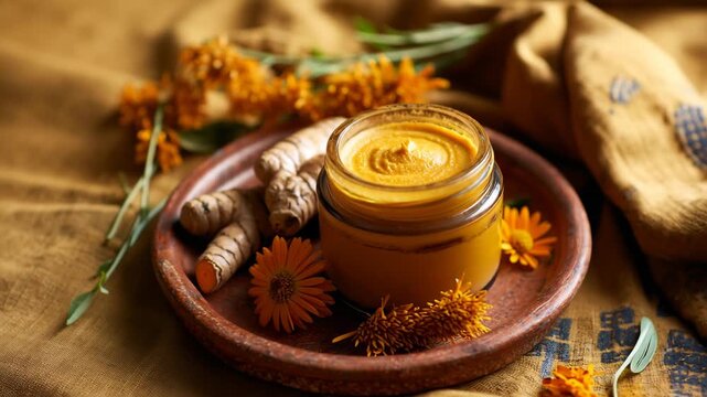 Ultra HD Turmeric paste or balm in a glass jar with fresh turmeric roots and orange calendula flowers on a rustic plate and yellow fabric background video