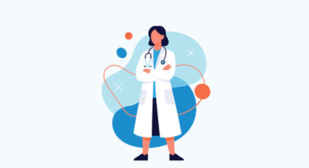 Confident female doctor in a white lab coat with a stethoscope standing with her arms crossed in a professional pose.