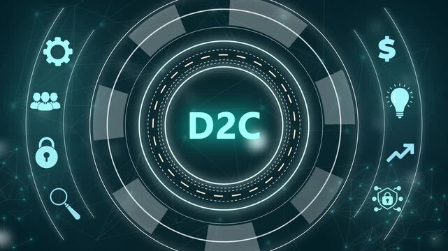 Business concept D2 C direct to consumer infographic with icons and with gears for e-commerce retail