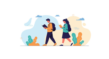 A young male and female student with backpacks walking side-by-side while reading their books on the way to school.