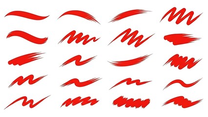 Collection of red brush strokes and swirls on white background, various shapes and sizes, dynamic artistic elements