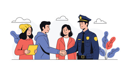 Friendly police officer shaking hands with a young man in a positive community policing interaction with other citizens.