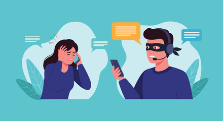 Illustration depicting a distressed woman on the phone being targeted by a masked hacker in a call center scam operation.