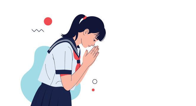A young Japanese schoolgirl in a sailor uniform showing respect by bowing with her hands pressed together in prayer.