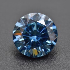 Faceted round blue gemstone, center view, dark background