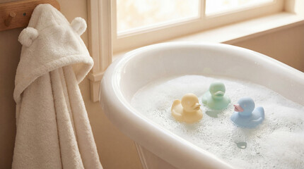 Cute fluffy hooded towel with bear ears hangs next to a white bathtub with pastel rubber ducks floating in bubble bath. Cozy and clean baby bathroom detail.
