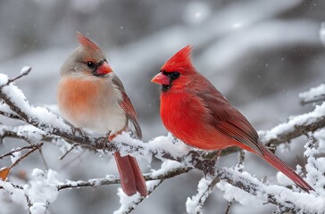Two cardinals perched on a snow-covered branch a pair in winter wildlife photography for nature 