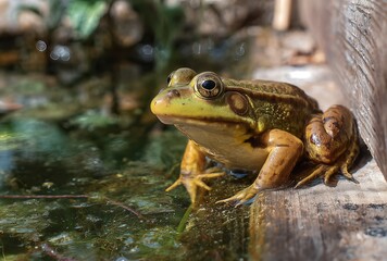 Green frog sitting on wood by pond close-up macro wildlife photography for nature and conservation 