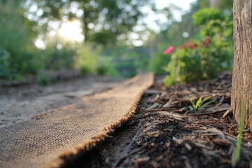 Obraz premium Pathway made of burlap leads through garden in the evening with plants and trees around