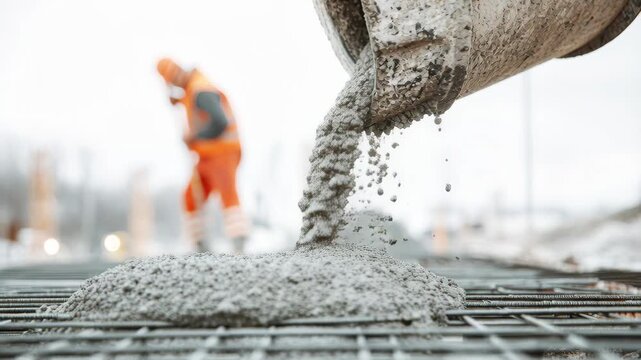 Pouring concrete on steel rebar grid, reinforced mesh at a building site. Cement truck. Worker is spreading a thin layer of wet gray foundation surface. Create solid floor. Liquid concreting process