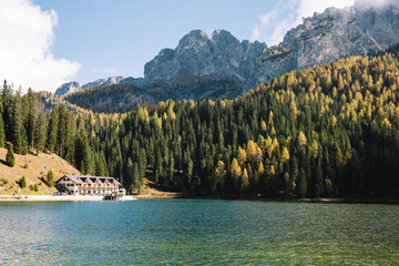 Lago Di Misurina - Dolomites Mountain Lake with Alpine Trees - Italian mountainous landscape