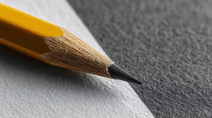 Macro shot of a yellow pencil with a sharp tip resting on a textured gray and white surface