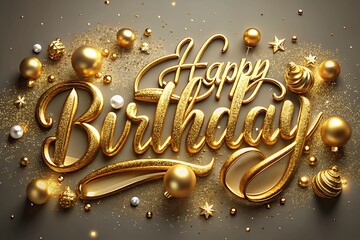 Golden Happy Birthday message with glittering orbs and stars