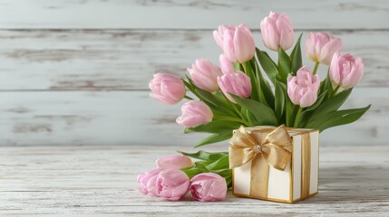 Obraz premium Pink tulips arranged with a gift box tied with a golden bow on a rustic white wooden surface, perfect for a gentle celebration theme. 