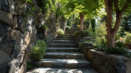 Stone staircase gently ascending between vibrant trees and lush greenery, creating a serene outdoor path in nature.
