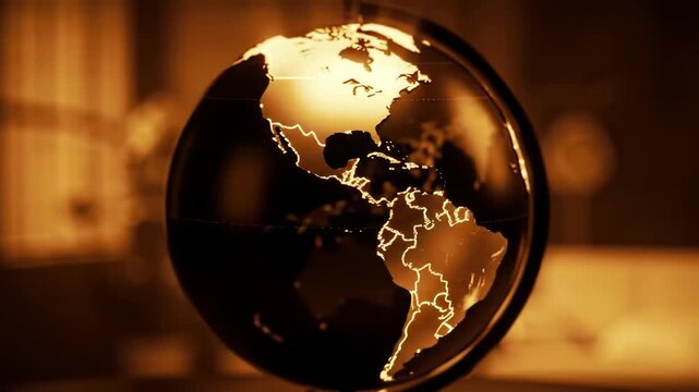 A 3D illuminated globe showcasing the Americas with a warm orange glow, set against a blurred background, highlighting geographical borders