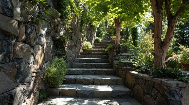 Stone staircase gently ascending between vibrant trees and lush greenery, creating a serene outdoor path in nature.
