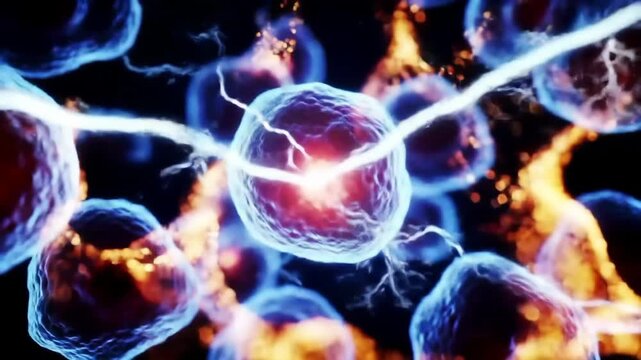 A digital illustration of a network of glowing cells connected by electric blue lightning bolts against a dark background with vibrant orange and purple hues